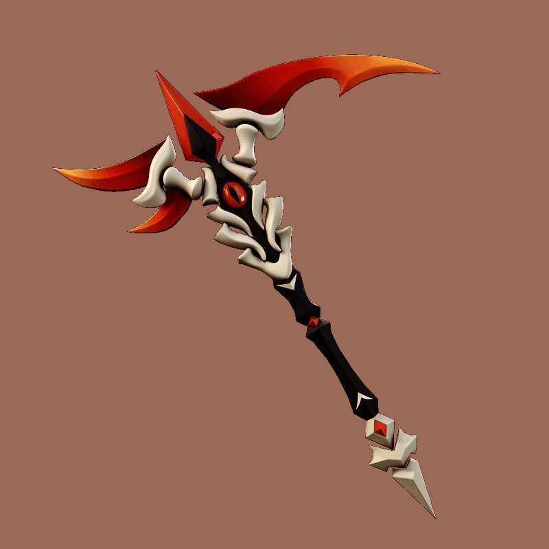 联动武器皮肤锯鳐·战争之镰展示，武器泛着暗红色光芒，周围环绕着破碎的锁链与火焰特效