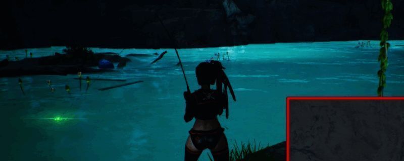 《剑星》游戏内绿洲区域钓鱼场景，水面波光粼粼，角色正持钓竿等待鱼上钩