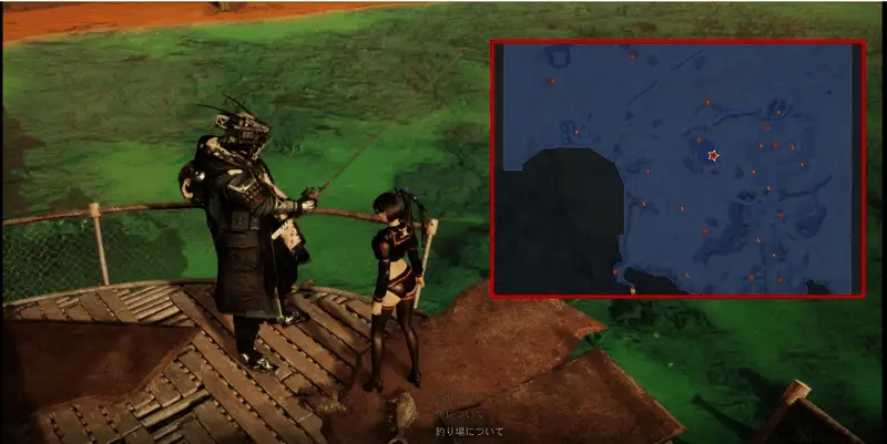 大沙漠钓鱼点地图标注，红色标记显示具体垂钓位置，周围为沙丘地形