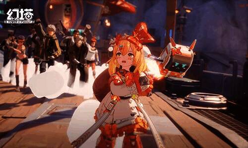 游戏内主线剧情过场画面，角色们围坐在篝火旁谈笑，远处橙发少女偷偷探头张望，氛围温馨又带点俏皮