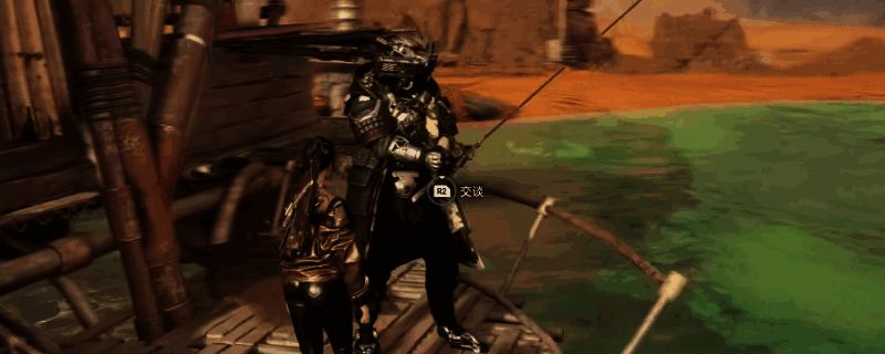 《剑星》游戏中角色站在绿洲旁完成任务的场景，背景为沙漠与绿植交织的自然风光