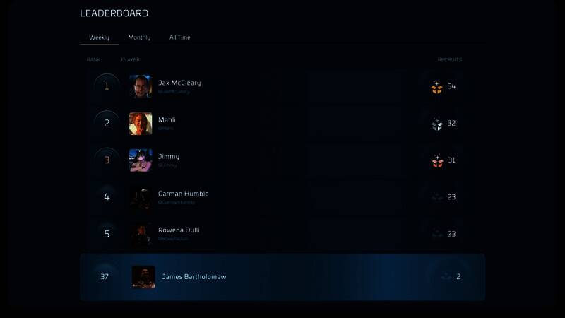 《星际公民》新推荐系统界面演示，展示动态进度条与排行榜筛选功能