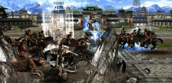 《诸国争霸》万人国战实景画面，玩家率领大军在城池间激烈交锋，技能特效绚丽，战场氛围紧张激烈