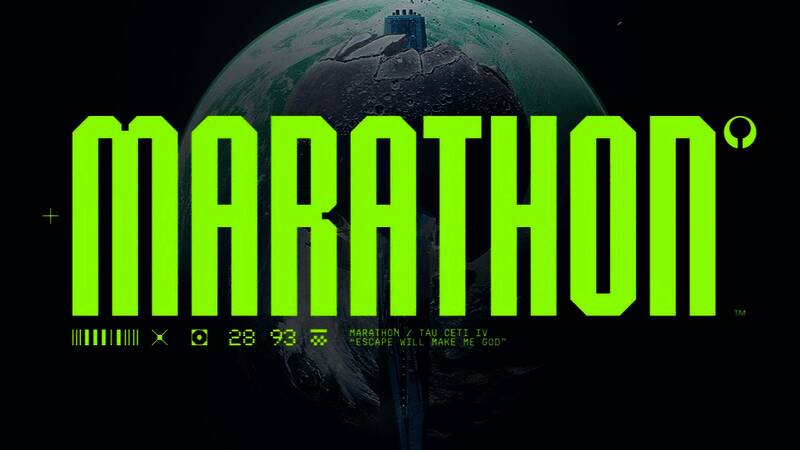 《马拉松》游戏场景概念图，展现未来科技风格的外星基地内部结构