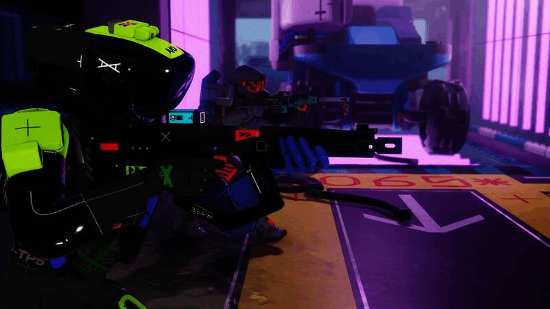 玩家角色倒地后留下蓝色血迹特效，战场环境布满战斗痕迹