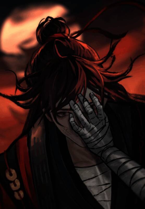 李火旺与游戏角色并肩作战的剧情插画，背景是扭曲的道观与悬浮的血月，充满克苏鲁式恐怖美学