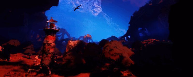 《守护者》游戏画面：一座古老灯塔矗立在悬崖之上，周围云雾缭绕，散发出微弱而神秘的光芒