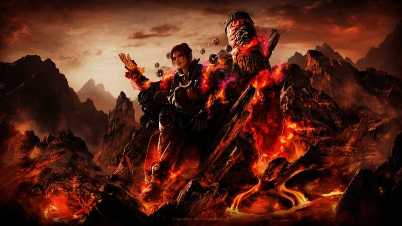 《黑色沙漠》新职业行者手持金箍棒腾空而起，筋斗云环绕周身，背景金光闪耀