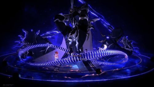 主角团与盗火行者在废墟中激烈交战，技能特效交织成绚丽光幕