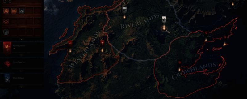 《权力游戏：征战维斯特洛》游戏主界面展示，背景为维斯特洛地图，界面显示阵营选择与战略部署选项