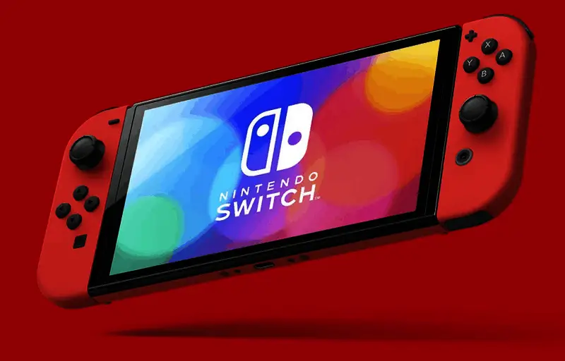 任天堂Switch系列产品陈列图，包含OLED版、标准版及Lite型号，背景为加拿大国旗与美元符号交织的贸易氛围视觉元素