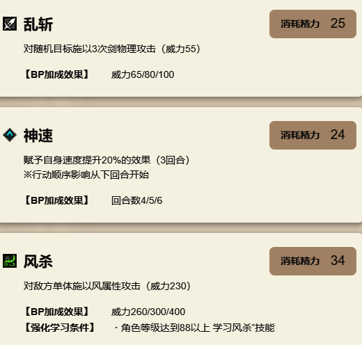 技能详情面板，显示技能名称、效果描述、TP消耗及冷却时间