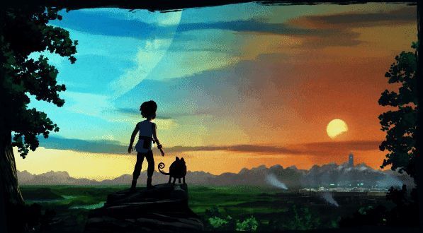 Lana与Mui在昏暗洞穴中前行，Mui用发光的身体照亮前方道路，周围布满神秘符文