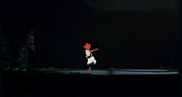 夜幕下，Lana与Mui坐在悬崖边仰望星空，背景音乐缓缓流淌，画面充满诗意与孤独感