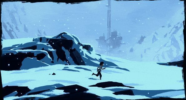 陡峭冰崖上，Lana艰难攀爬，身后是崩塌的路径，危机四伏