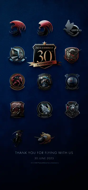 《皇牌空战》30周年纪念桌布，画面中央为F-22与A-10编队飞行，背景是燃烧的夕阳与爆炸火光