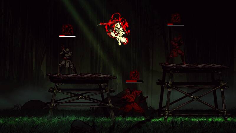 游戏实机画面截图，乔·武藏在空中施展连斩，敌人四散飞出，背景为动态机关陷阱