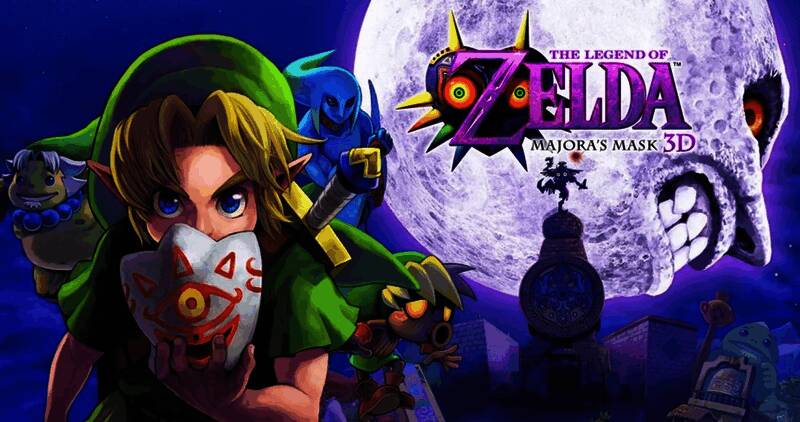 《塞尔达传说：魔吉拉的面具》游戏画面，林克佩戴魔吉拉面具，背景为时间循环的奇异城镇