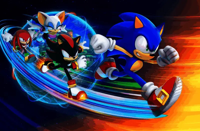 刺猬索尼克与迈凯伦F1赛车并列展示，蓝色刺猬与橙色赛车交相辉映，象征速度与激情的跨界融合