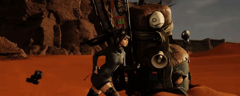 《剑星》游戏中埃米尔商店在沙漠区域的实景画面，周围黄沙漫天，建筑残破，充满末世感