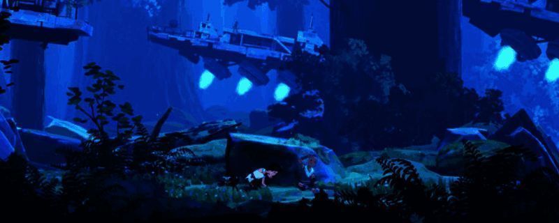 《拉娜之星2》游戏场景截图，展现手绘风格的异星森林，主角与神秘生物并肩前行，光影效果细腻