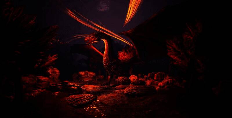 玩家骑乘飞龙穿越峡谷，下方是一片由木材与石料搭建的初期营地