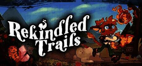 《Rekindled Trails》游戏场景，主角手持火把行走在被藤蔓覆盖的废墟小径上，背景是夕阳下的破败村庄与漂浮光点
