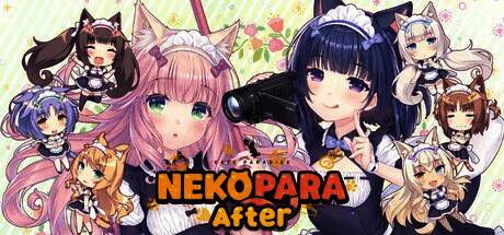 《NEKOPARA After》角色立绘，草莓猫娘与女主角时雨并肩站立，背景为温馨的甜品店内部，光线柔和