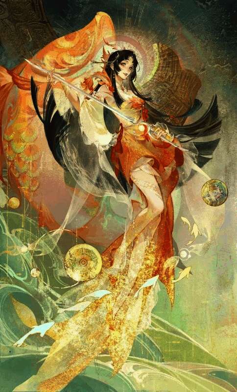 龙吉公主立于云端，手持鸾飞剑，周身环绕璀璨剑光，宛如天女下凡