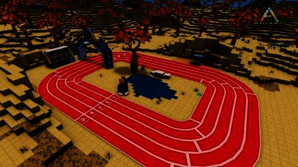 玩家在自制的运动会场景中操控角色跨越障碍，背景有计时器和观众看台，氛围热烈