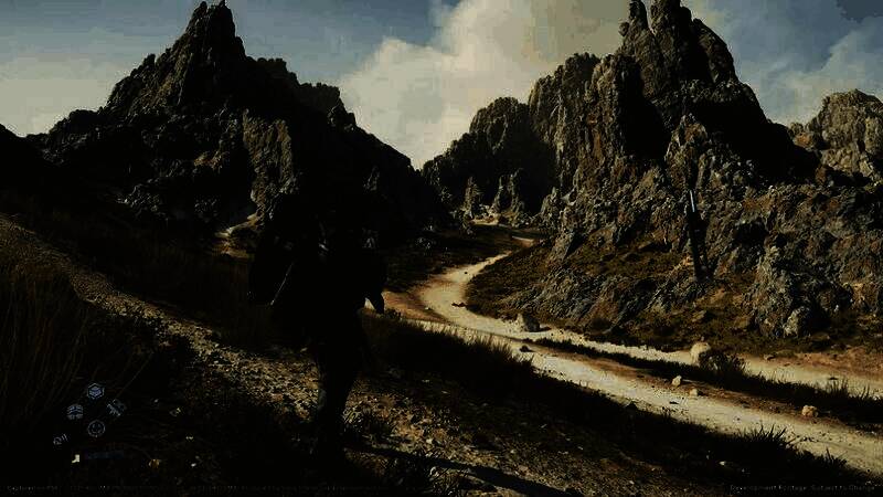 角色在雷暴天气中艰难前行，远处闪电劈向地面，空气中弥漫着紫色雾气