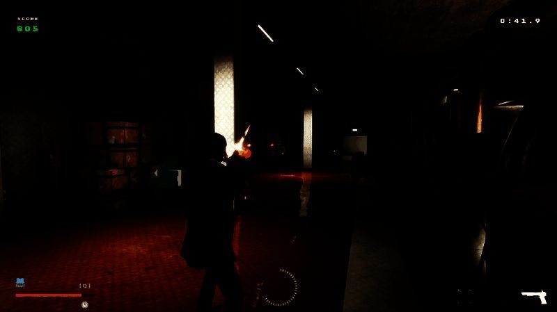 主角身穿西装手持双枪，在爆炸火光中跃起射击，周围敌人倒地