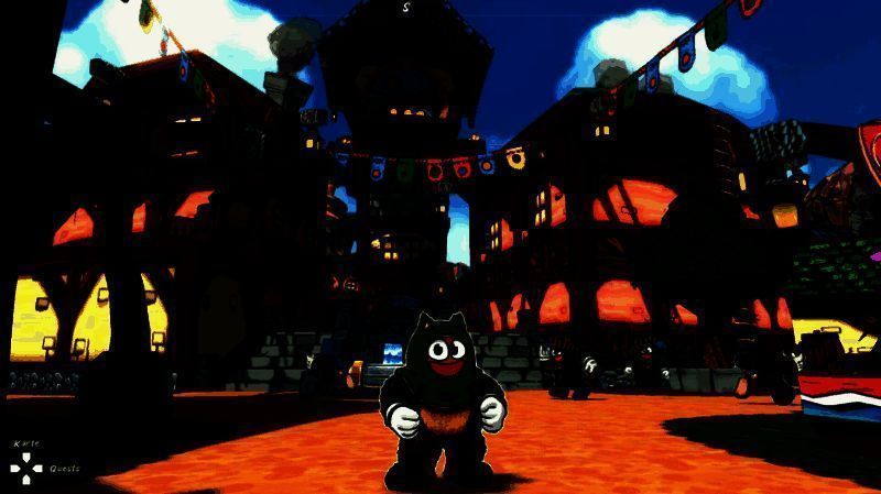 绿色小怪物鲁菲站在干草捆上滑行，身后是彩虹瀑布与漂浮岛屿