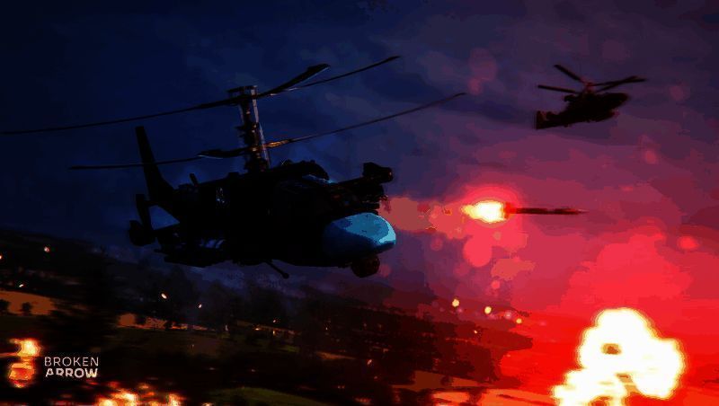 坦克编队在城市废墟中推进，空中有直升机支援，地面士兵正在交火