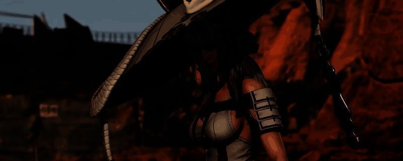 《剑星》妮姬DLC入口场景，玩家角色站在废弃营地前，一只机械风格的狗狗伫立在旁，背景为黄昏下的废墟城市