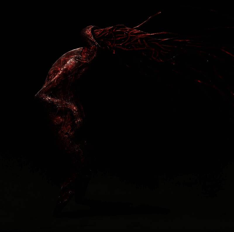 废弃怪物设计图，呈现一个四肢拉长、头部倒置的人形生物，站立于锈蚀铁架之间