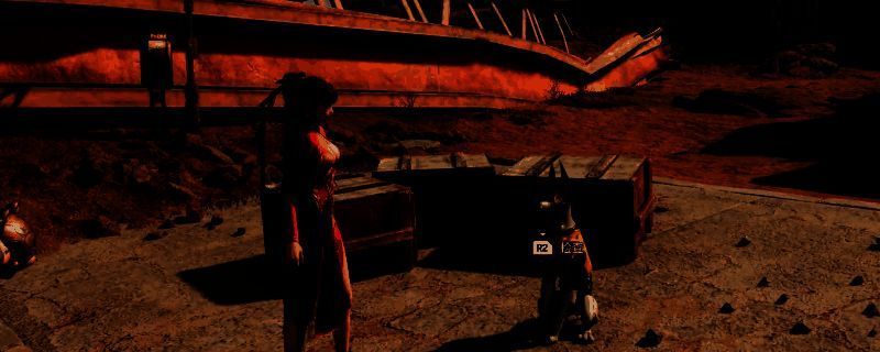 玩家在《剑星》中与机械犬NPC对话的场景，背景为高科技城市废墟，光影效果细腻