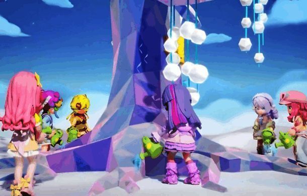 玩家与小马宝莉角色一起围绕一棵发光的树浇水，树干上浮现彩虹纹路，天空中有友谊元素的光环旋转