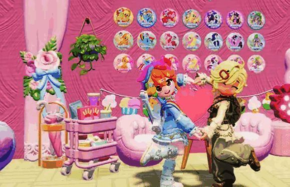 新NPC站在庆典舞台旁与玩家对话，背景是挂满彩旗的小镇广场，空中飘着气球和‘一周年快乐’横幅