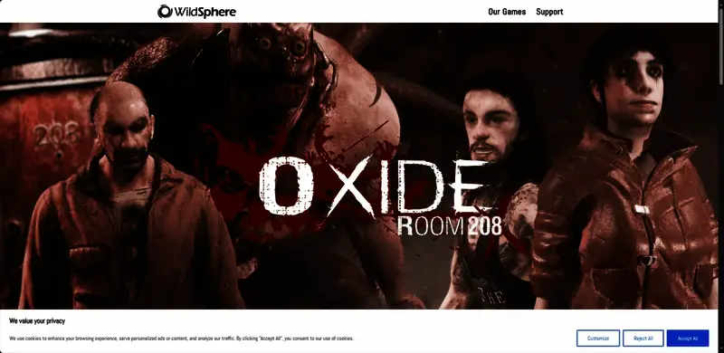 《氧化室208》官网页面截图，展示游戏LOGO、导航菜单及主要宣传内容