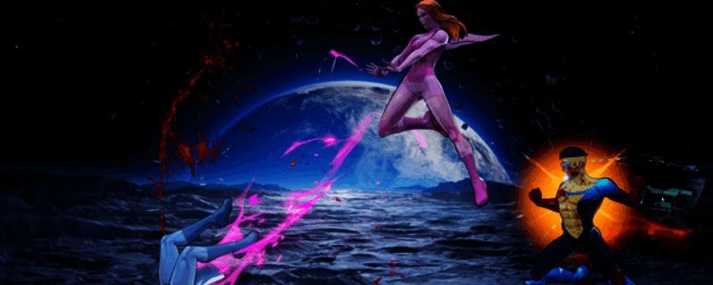 《无敌少侠VS》游戏主视觉图，主角身披红色战衣，悬浮空中摆出战斗姿态，背景为城市废墟与爆炸特效