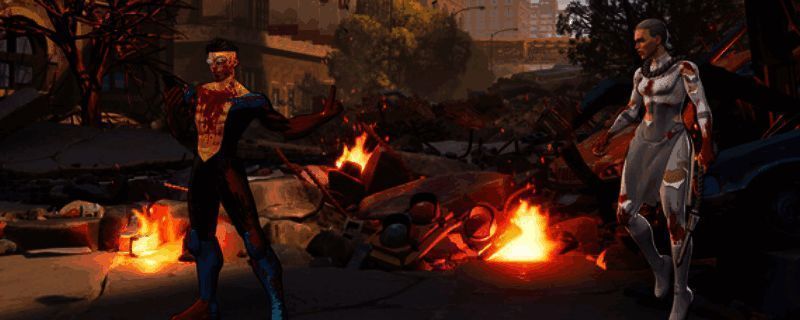 《无敌少侠VS》游戏主视觉图，展示多位超级英雄与反派在城市废墟中对峙，气氛紧张