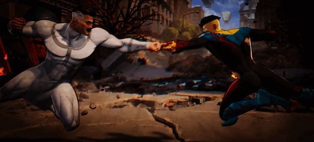 战斗画面展示三名角色切换出战，技能特效炸裂，地面布满血迹与裂痕