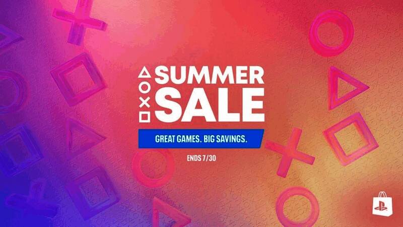 PlayStation夏日促销宣传图，画面中多款热门游戏封面环绕，背景为夏日主题的动态光影效果