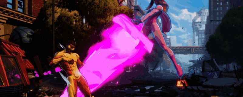 《无敌少侠VS》游戏主界面展示，角色立绘与战斗场景交错呈现，界面风格充满美式漫画张力