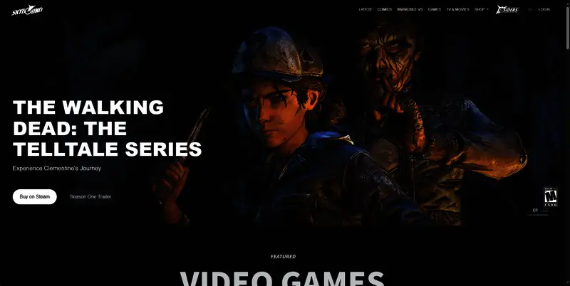 Skybound官网页面截图，展示《无敌少侠VS》游戏图标与相关IP作品集合，界面风格简洁现代