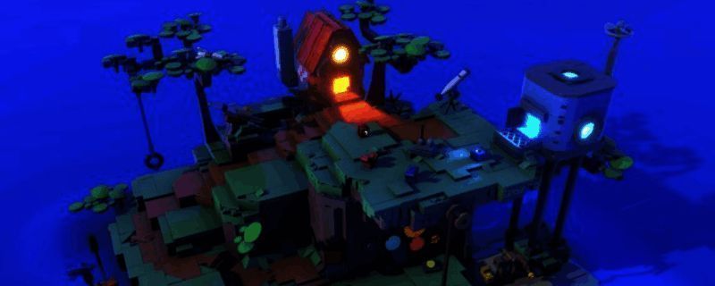 《乐高旅行者》游戏宣传图，两名乐高角色并肩站在奇幻岛屿上，背景是发光的遗迹和漂浮的岛屿，充满冒险氛围