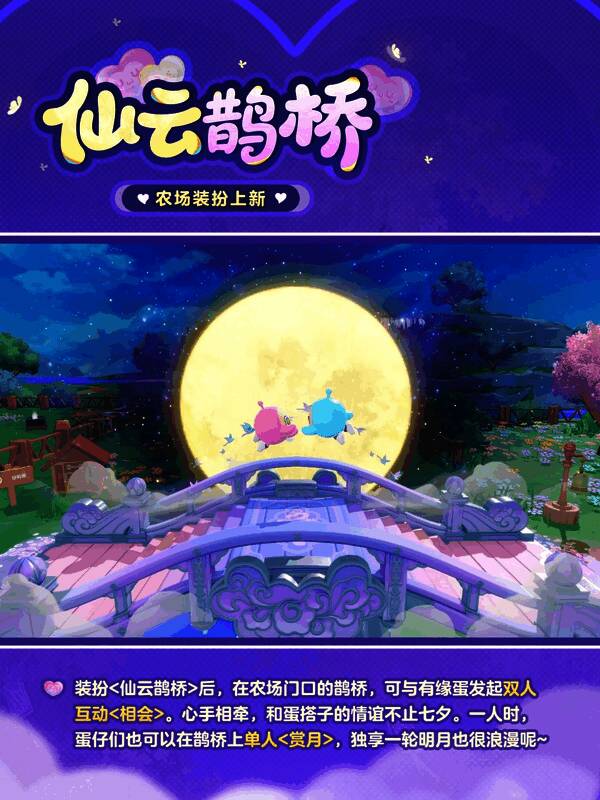 游戏内活动界面展示，左侧为打卡日历，右侧为高级奖励预览，包含仙云鹊桥农场装扮和特效边框