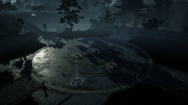 战斗场景中两名全真弟子联手释放技能，地面浮现八卦阵图，剑气交织