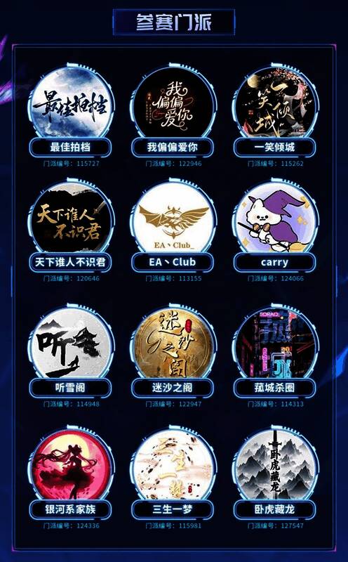 十二支复活赛门派LOGO整齐排列，背景为竞技舞台灯光，象征荣耀回归